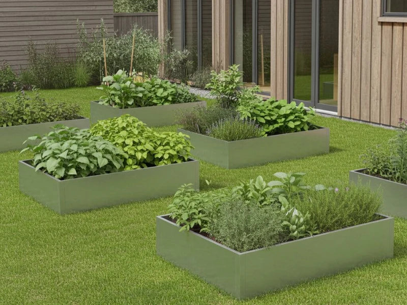 Odlingslådor i galvaniserat stål med grönsaker och örter i trädgård