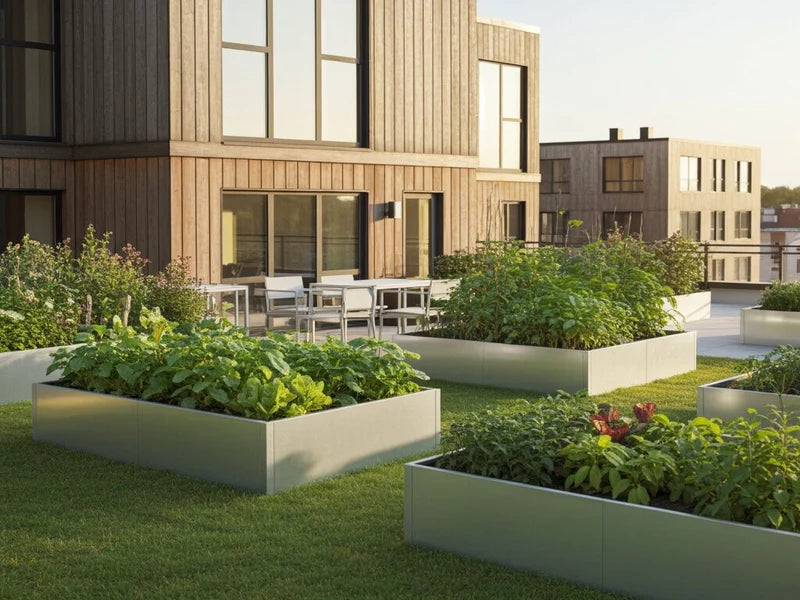 Odlingslådor i galvaniserat stål med grönsaker på modern takterrass