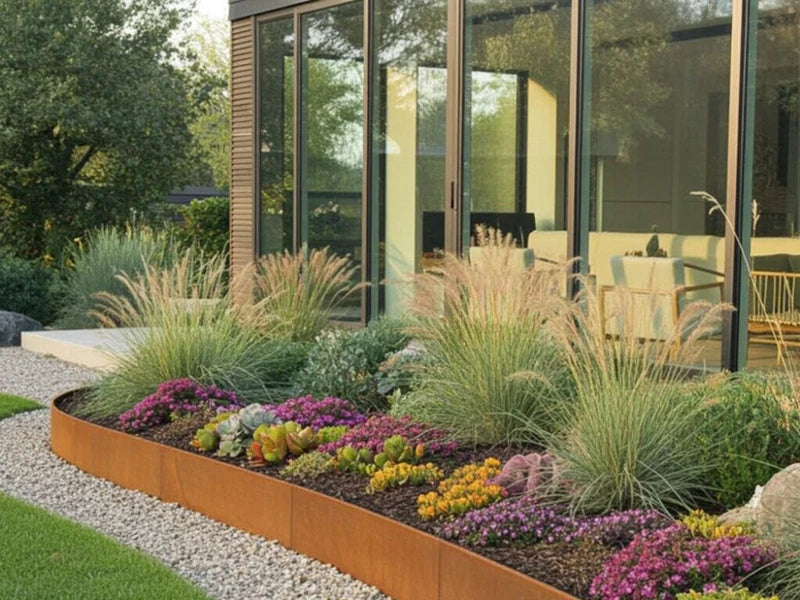 Rabattkant i cortenstål med perenner i modern trädgård