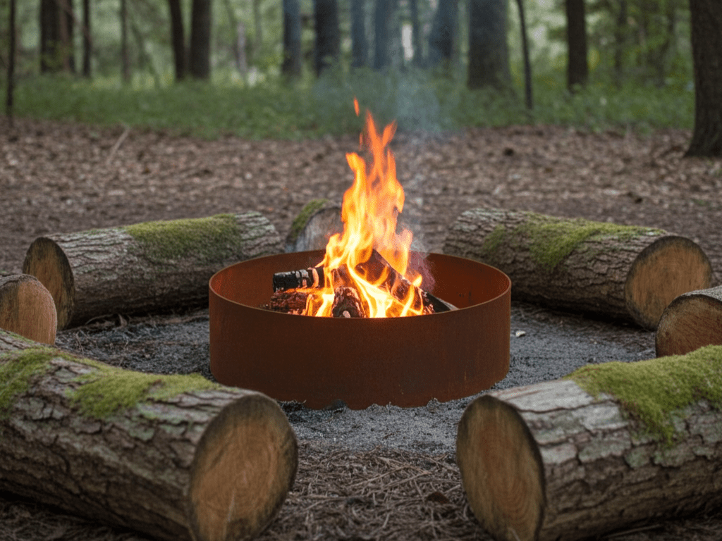 Rund eldstad i cortenstål med brinnande ved, placerad i skogsmiljö med stockar runt elden