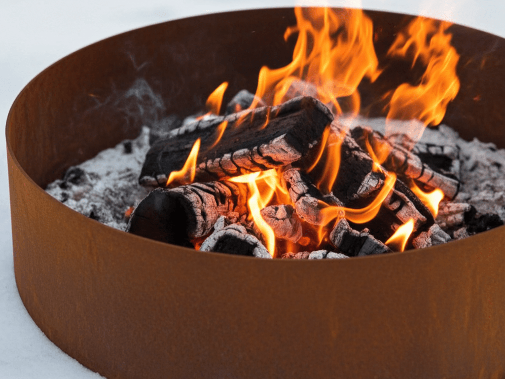 Närbild av rund eldstad i cortenstål med glödande ved och lågor i vintermiljö