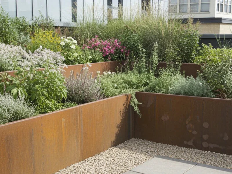 Stödmur i cortenstål med blommor och prydnadsgräs