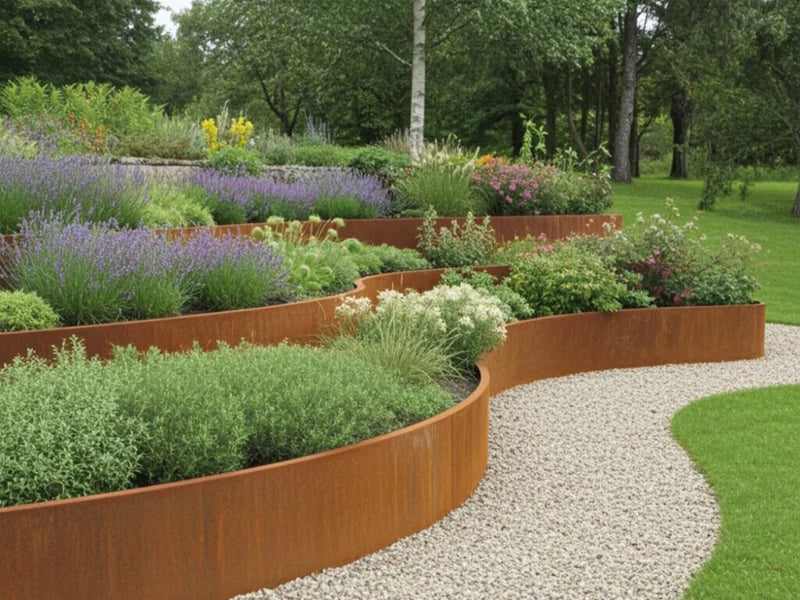 Organiskt formad stödmur i cortenstål med perenner