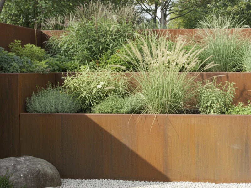 Stödmur i cortenstål med prydnadsgräs i terrasserad rabatt