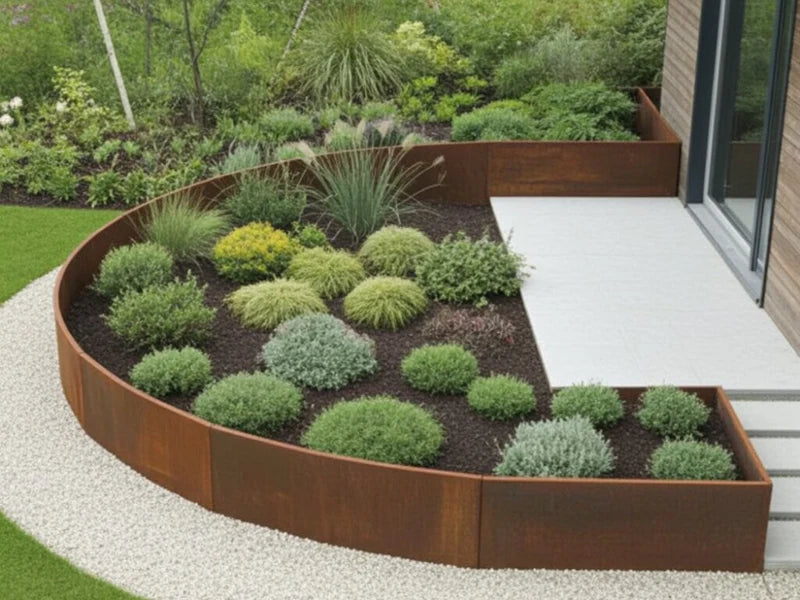 Böjd stödmur i cortenstål runt planteringsbädd vid terrass