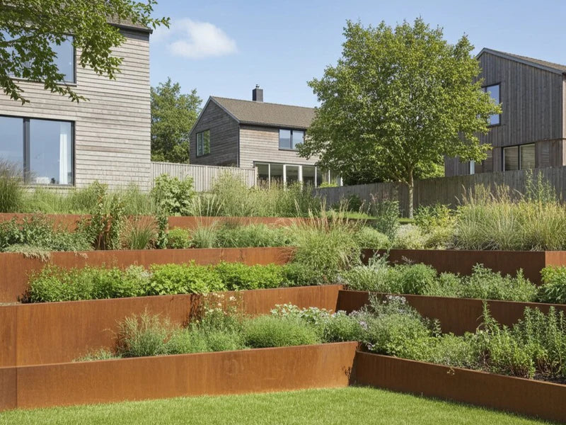 Terrasserad stödmur i cortenstål i villaträdgård