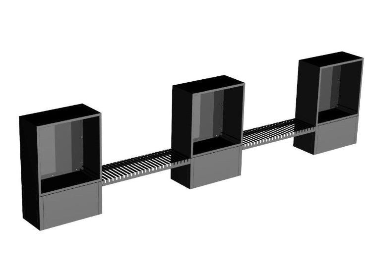 3D-visualisering av modulär vedförvaring i svart pulverlackerat stål med förbindelsemoduler