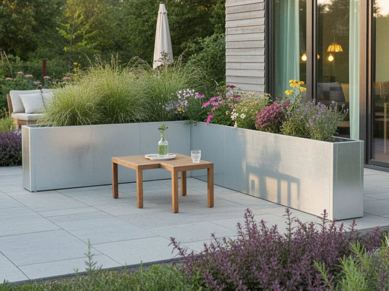 Odlingslåda i vinkel av galvaniserat metall fylld med perenner